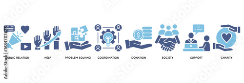 Volunteer icon set vector illustration concept relate to public relations, help, problem-solving, coordination, donation, society, support, charity�