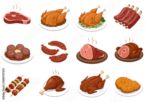 Twelve food illustrations depict various meats steak roasts ribs sausages meatballs shish kebabs  fried chicken