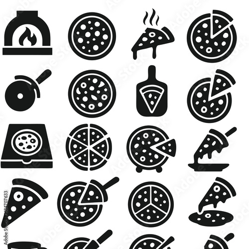 Pizza icons set, collection and group. Whole pizza, slice, oven baked, cheese topping, cutter wheel, delivery box, pizzeria, fast food, pepperoni pizza, Italian cuisine, restaurant meal, snack illustr