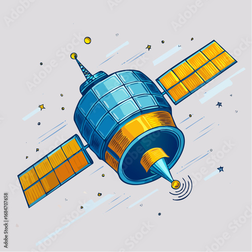 Cosmic journey of a blue and yellow space satellite, an artistic depiction of orbital technology and exploration