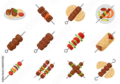 Twelve food skewer dishes including falafel kebabs  a wrap are arranged in a 3x4 grid on a white backdrop
