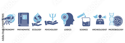 Science icon set vector illustration concept relate to astronomy, mathematic, ecology, psychology, logics, science, archeologist, microbiology