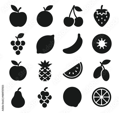 Fruit icons set, collection and group. Apple, orange, cherry, strawberry, grape, lemon, banana, pineapple, watermelon, pear, plum, citrus slice, healthy food, organic nutrition, natural fresh fruit il
