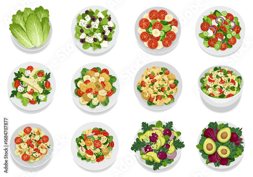 Twelve plates bowls of assorted salads topdown on a white background