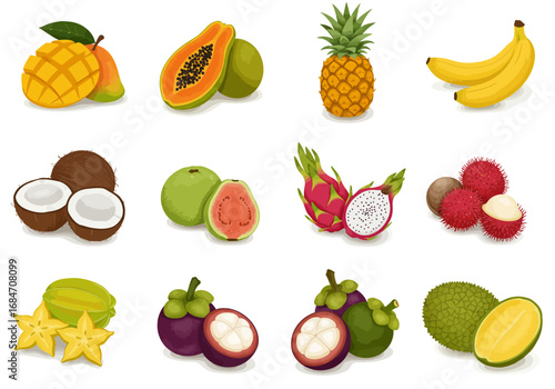 Twelve unique tropical fruits are presented in pairs