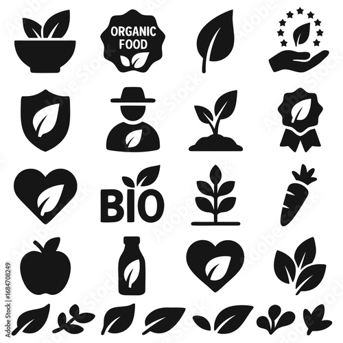 Organic food icons set, collection and group. Leaf, eco heart, farm, bio label, plant sprout, healthy product, organic certification, nature, eco lifestyle, natural agriculture, green fresh organic fo