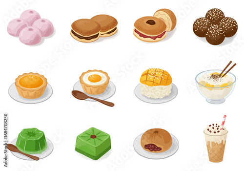 Variety of Asian desserts featuring mochi tarts and sweet treats arranged in rows