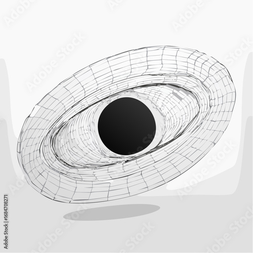 Abstract wireframe illustration of a black hole and distorted spacetime grid, depicting a gravitational singularity vortex
