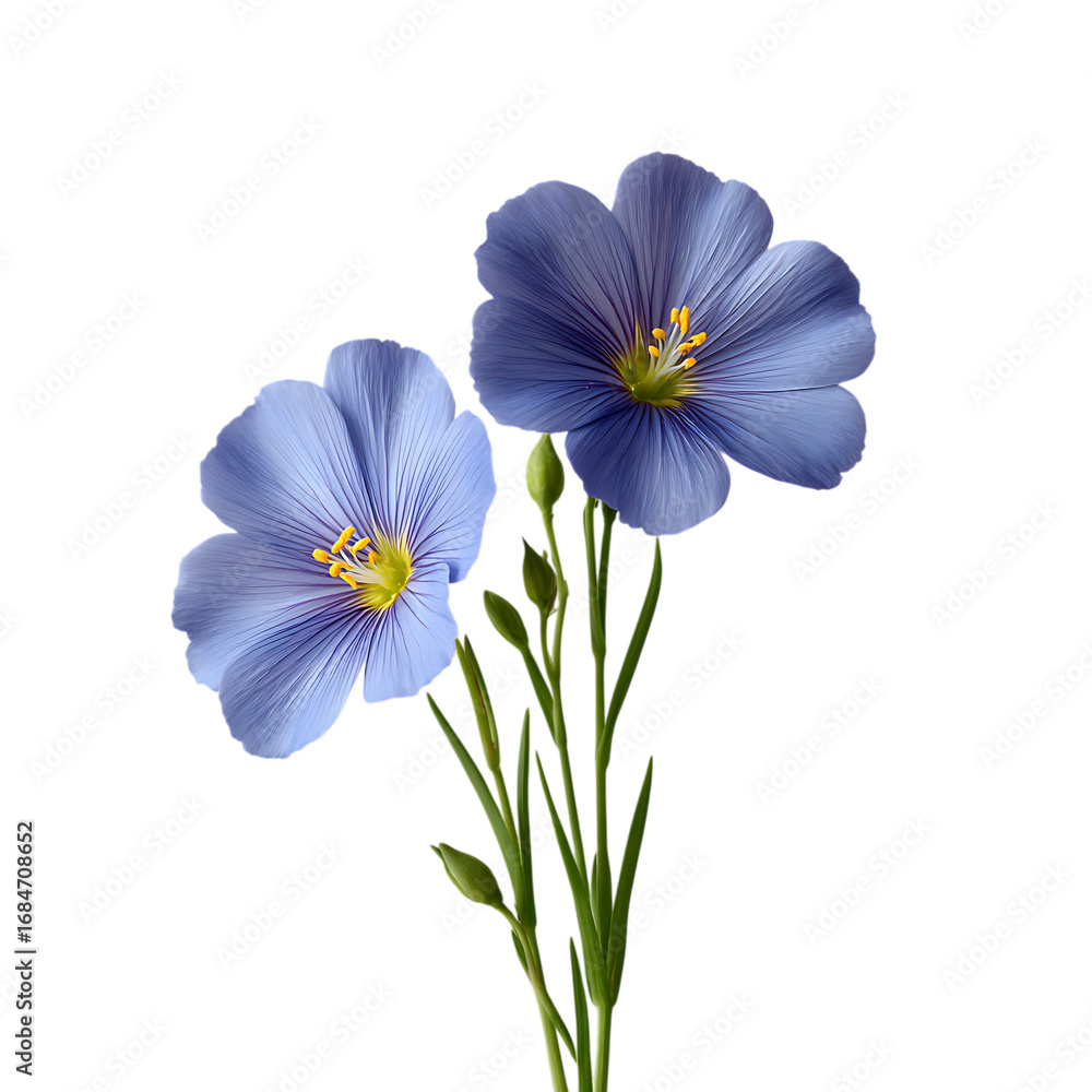 Fototapeta premium Two delicate light blue flax flowers with yellow centers and thin green stems and leaves isolated on transparent background