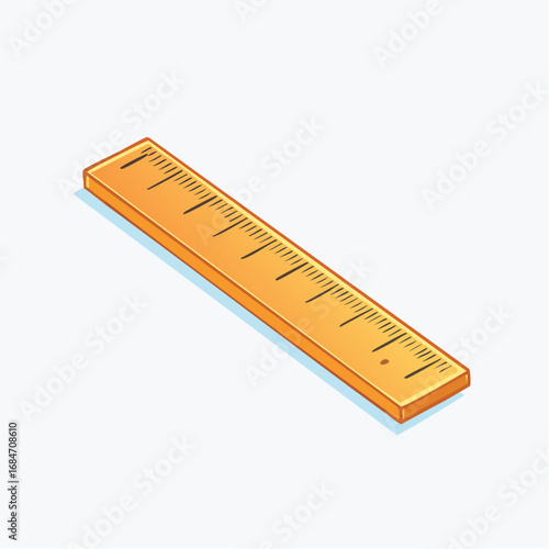 A vibrant orange wooden ruler illustration in an isometric perspective, a classic school and office supply tool for measuring distance and drawing straight lines