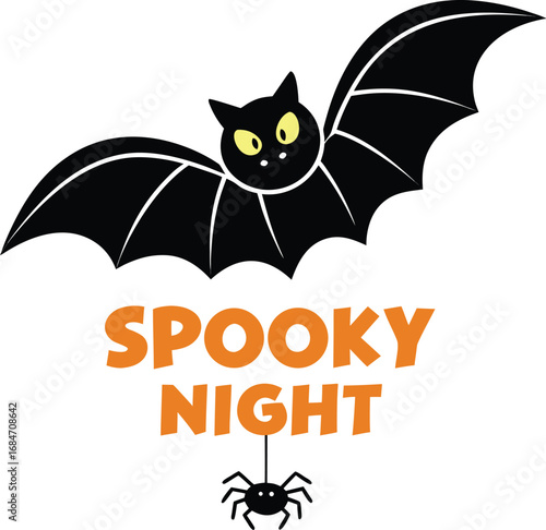 Vector art of cute cartoon black bat with yellow eyes and text spooky night with a hanging spider