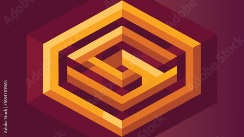 Isometric hexagonal maze in warm orange and yellow tones against a dark background abstract geometric