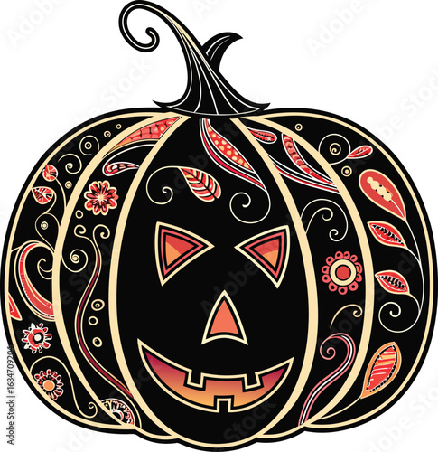 Vector art of ornate black pumpkin with carved face and decorative floral patterns
