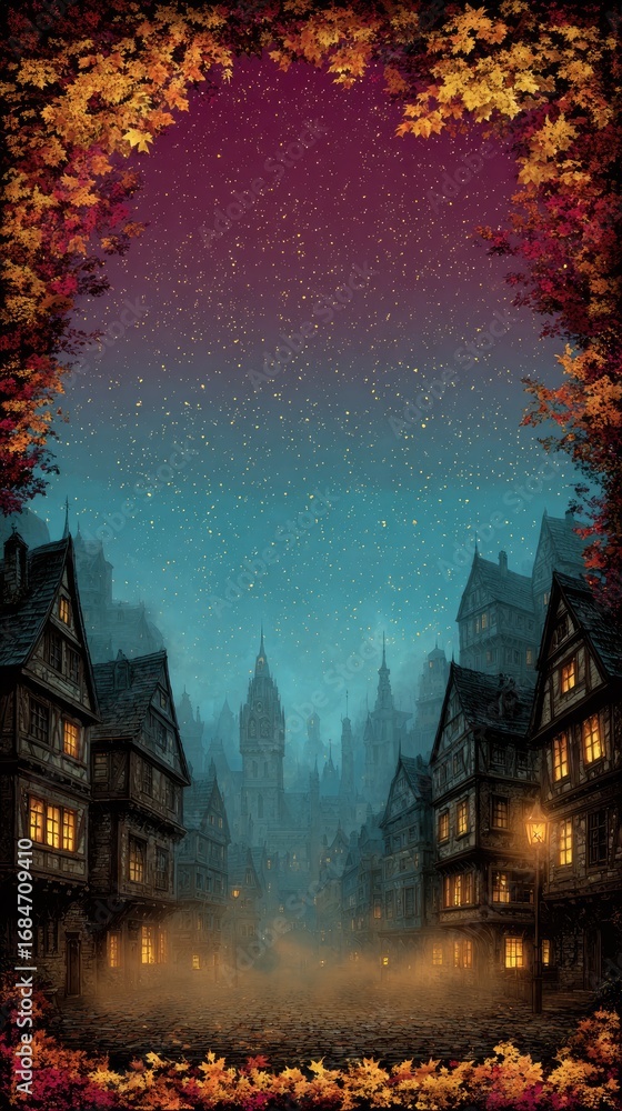 Fototapeta premium Enchanting Autumn Evening in a Mystical Village with Historic Architecture Under Starry Sky