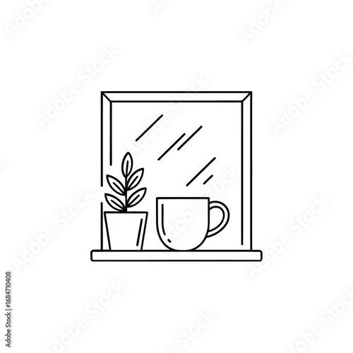 Cozy scene of a potted plant and a steaming cup of coffee on a windowsill with reflections