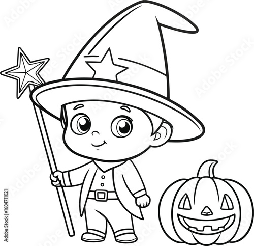 Vector art of cute cartoon wizard boy holding a magic wand next to a halloween pumpkin