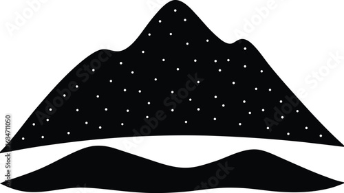 Vector icon of black and white pyramids of Giza with a sun and sky silhouette on the horizon