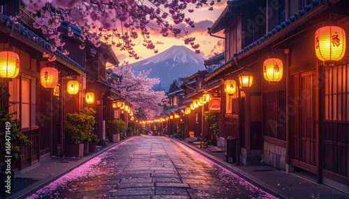 Explore Kyoto's Old Town: A Picturesque Street Lined with Lanterns and Blossoms.