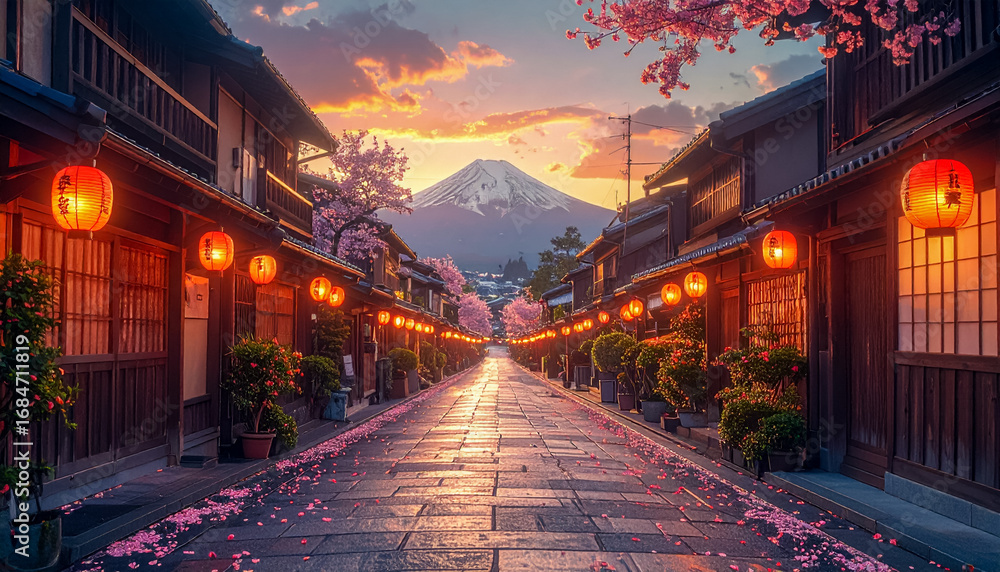 Fototapeta premium Mount Fuji and a Tranquil Kyoto Street: Cherry Blossoms and Lanterns at Dusk.