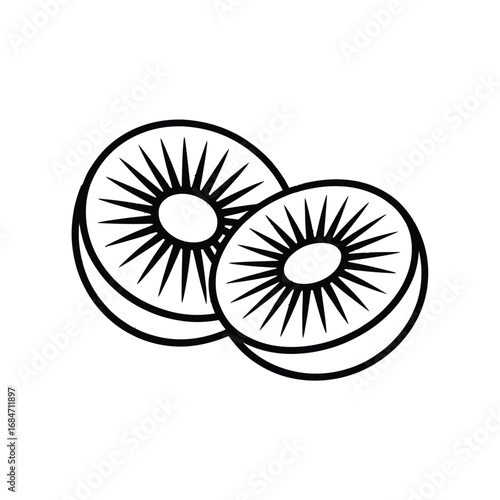 Simple line drawing of two sliced kiwifruit showing seeds and flesh