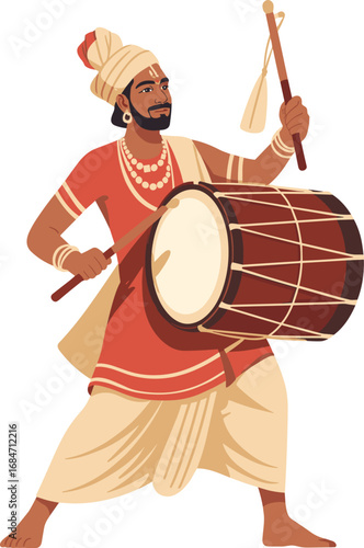 Dhol Player Performing During Durga Puja Festival with Traditional Attire
