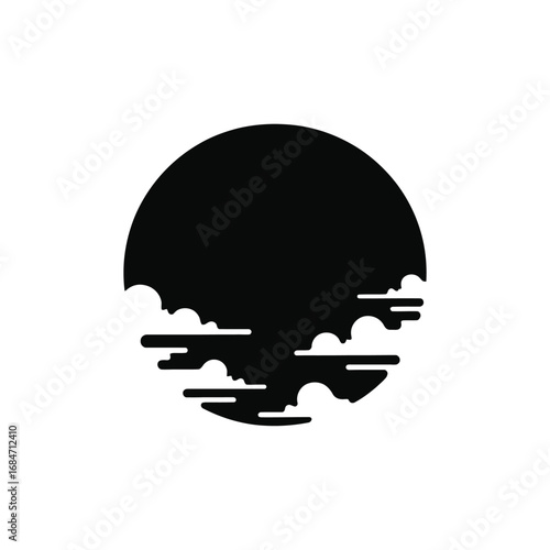 Stylized black silhouette of a full moon partially obscured by wispy clouds
