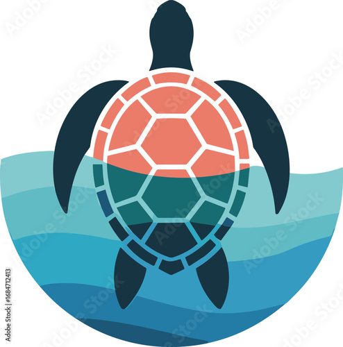 Sea Turtle Swimming in Ocean Waves Graphic Illustration Vector Design