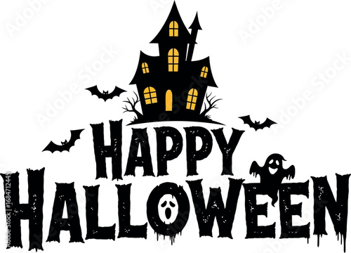 Happy halloween spooky haunted house with bats ghosts and creepy font celebration design vector