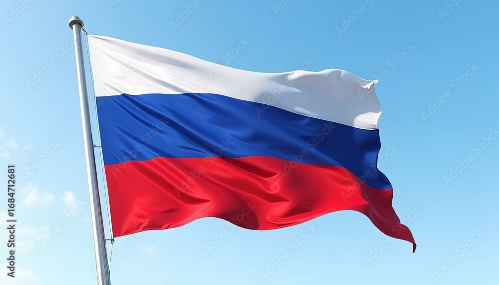 Fototapeta premium The flag of the Russian Federation on a flagpole, fluttering in the wind, against the sky