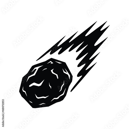 Stylized black and white illustration of a falling meteorite with a fiery tail against a white background