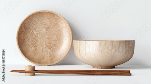 Empty wooden bowl and chopsticks isolated on a white background