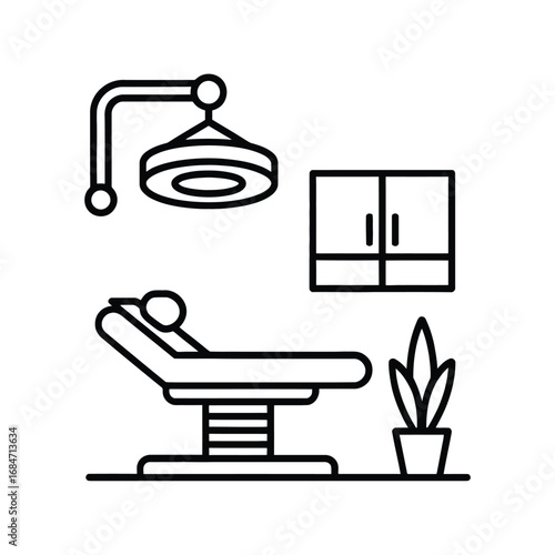 Medical examination room with patient bed examination lamp cabinet and plant