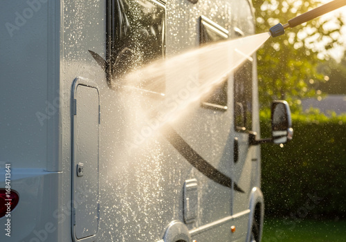 Cleaning a modern RV with high-pressure water spray on a sunny day for a fresh look