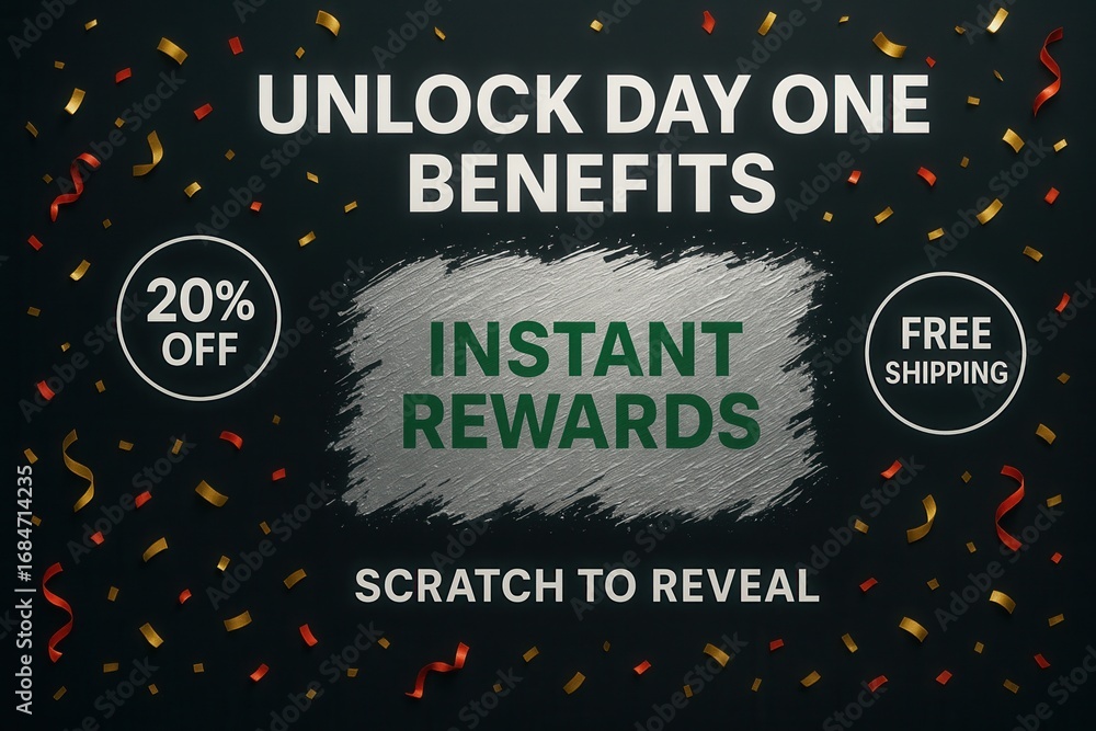 Obraz premium Unlock DAY ONE BENEFITS with 20% OFF and FREE SHIPPING, metallic promotional style, exciting retail discount offer.