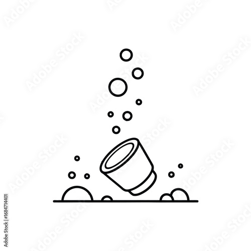 Simple outline drawing of a coffee pod falling into bubbles and water