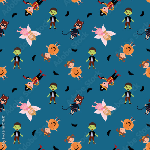 Halloween Costume Characters Pattern on Blue. Endless textures for your design
