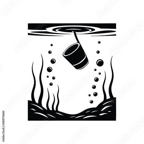 Black and white illustration of a bucket being pulled out of water with bubbles and aquatic plants
