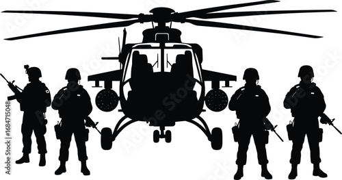 Military combat helicopter with armed soldiers silhouette, ready for action, perfect for defense, security, and tactical operations designs.