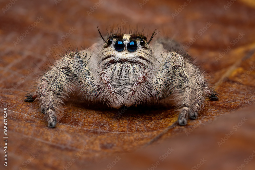 Obraz premium Close-up of Hylus diadri, a species of jumping spider (family Salticidae), on a dry leaf in Java, Indonesia.