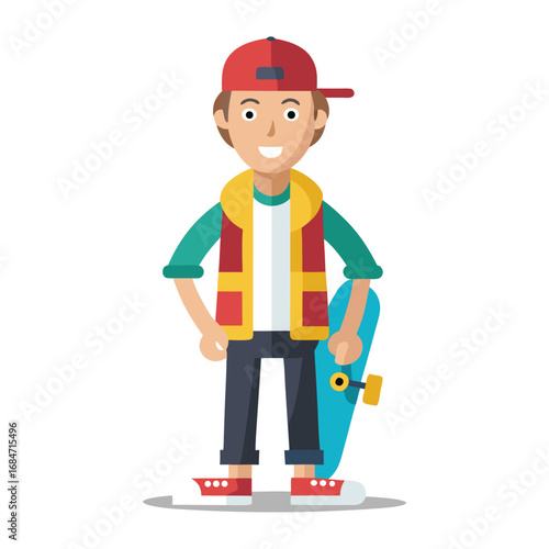 A man icon in a skateboarder outfit, holding a skateboard, a cool and casual character on a plain white background, for youth lifestyle.