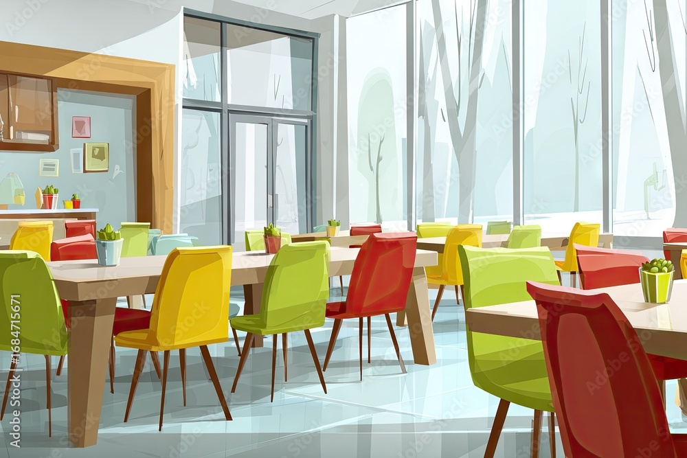 Fototapeta premium Colorful cafeteria interior with large windows.