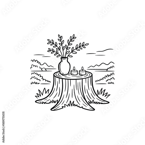 Rustic tree stump with vase of branches and candles in a scenic outdoor setting