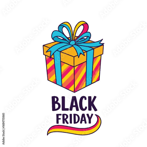 Colorful Black Friday gift box with stripes, bow, and typography design. Perfect for sale promotions, online marketing, and seasonal advertising