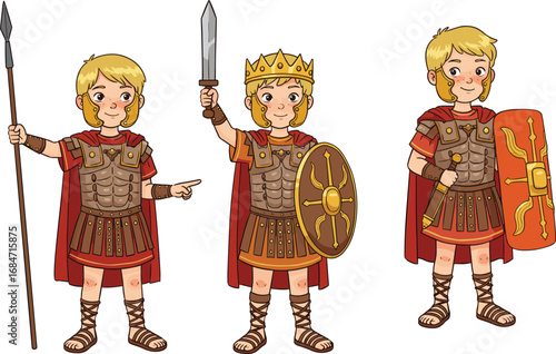 Cartoon Roman soldier boys, ancient armor costume, gladiator kids illustration, historic character design, medieval fantasy warrior, emperor crown, battle-ready poses, vector drawing