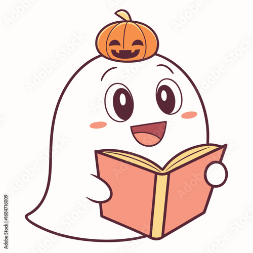 Vector art of cute cartoon ghost wearing a pumpkin on its head, reading a book