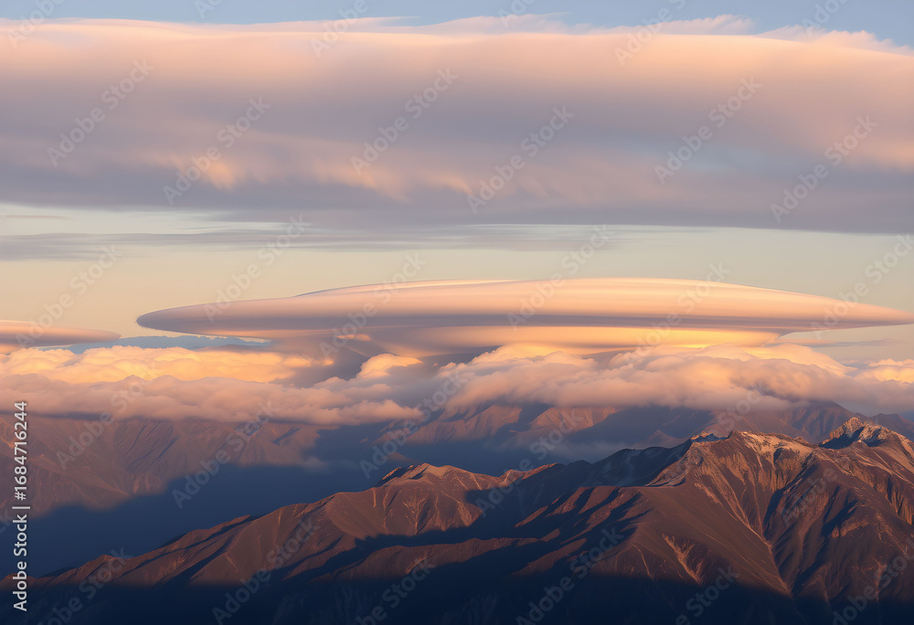 Naklejka premium Unusual lenticular cloud formation over mountain range at sunrise.