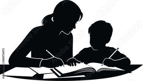Silhouette of a mother helping her child with homework they are sitting at a table with books and papers