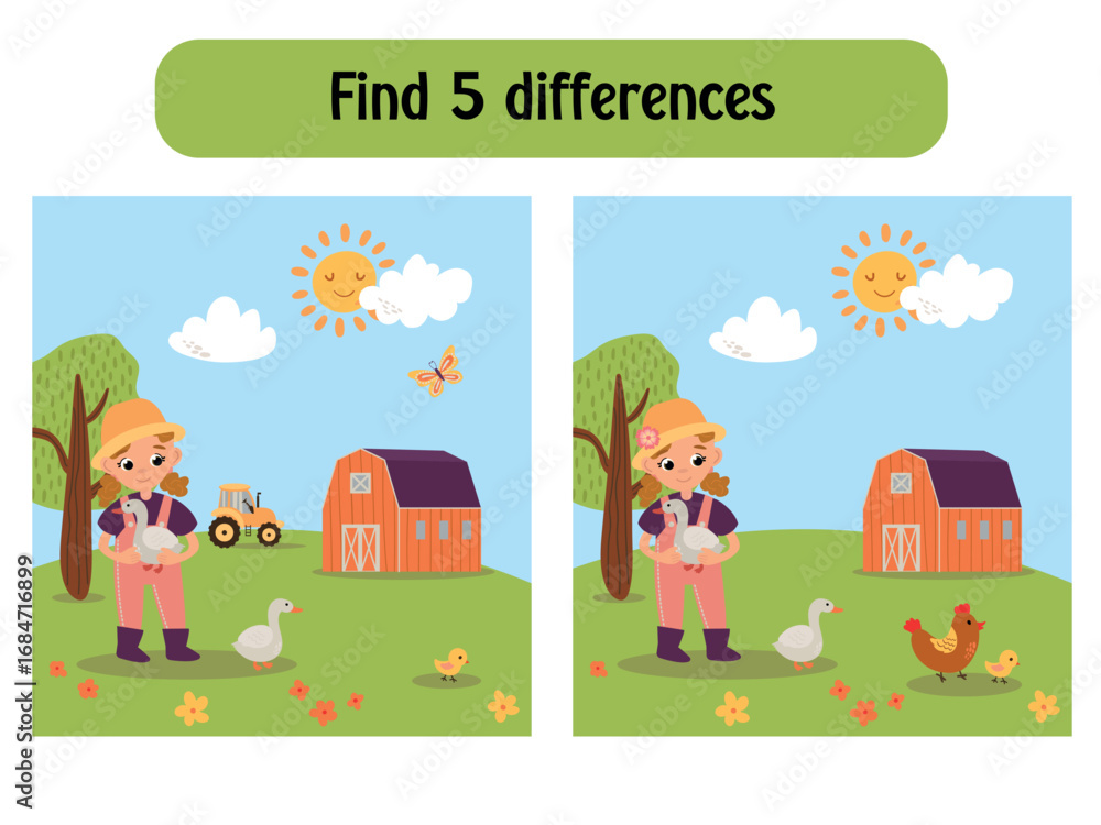 Obraz premium Spot the Differences Farm Illustration Puzzle