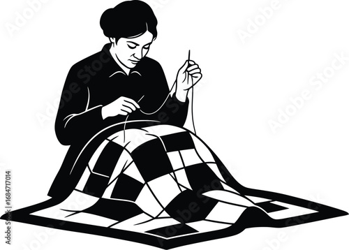 Woman sewing quilt with needle and thread