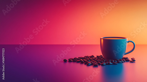 A vibrant coffee cup surrounded by coffee beans on a colorful gradient background.